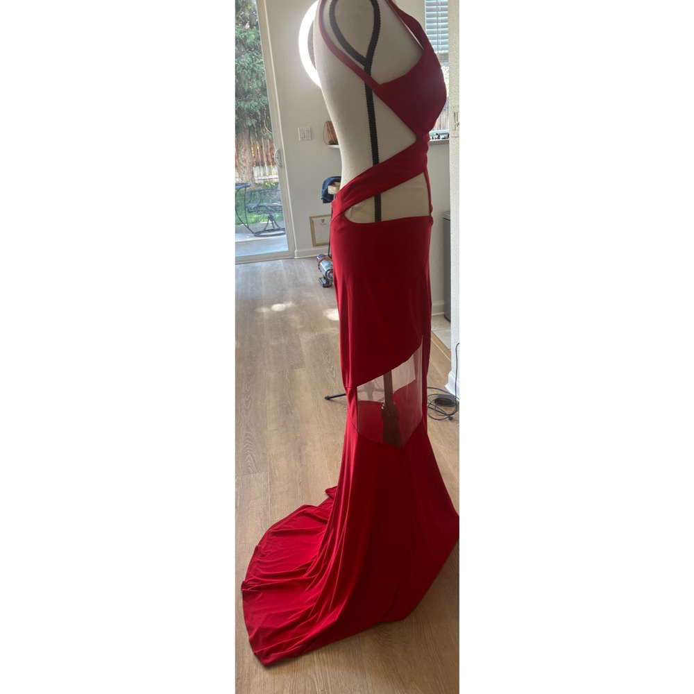 Terani Couture Red V-Neck Cutout Mermaid Gown Elegant Evening Dress 6 MSRP $799 - Picture 2 of 8
